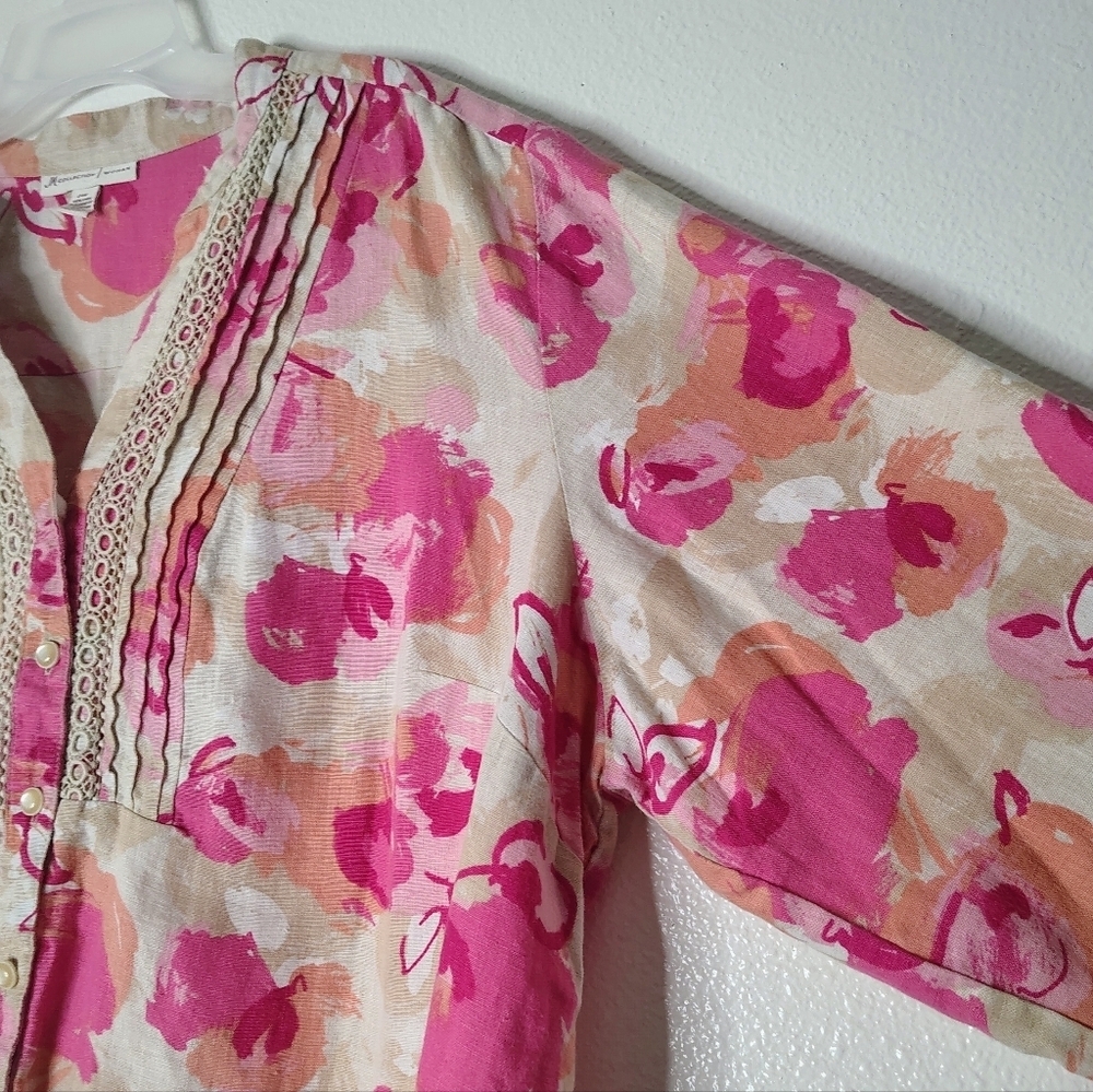 JM Collection Woman 100% Linen Floral Blouse Pink Orange Plus Size 24W Boho Top - Picture 10 of 16